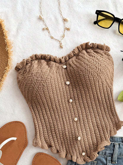 Soleia Women's Button Decor Fashion Casual Ruffle Hem Knitted Camisole Top,Going Out Top