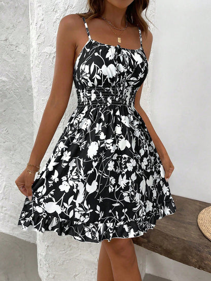 SHEIN PETITE Summer Printed Waist Cinching Sexy Strapless Bodycon Dress, Vintage Floral Print Waist Tightening Sexy Petite Strap Dress, Fashion Waist Cinching Sexy Floral Print Lady-Like Dress