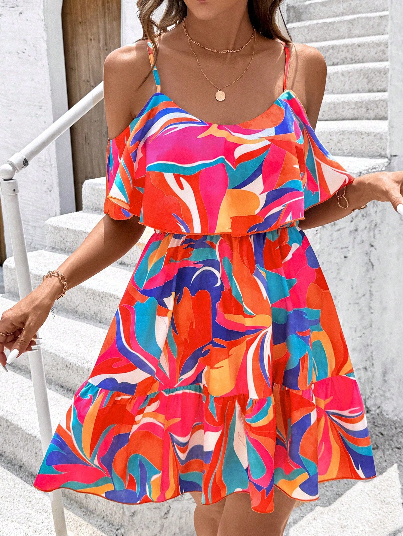 SHEIN Clasi Romantic Flower And Plant Printed Off-The-Shoulder Ruffle Strap Vacation Summer Dress Dresses Graduation,Summer Dresses For Women