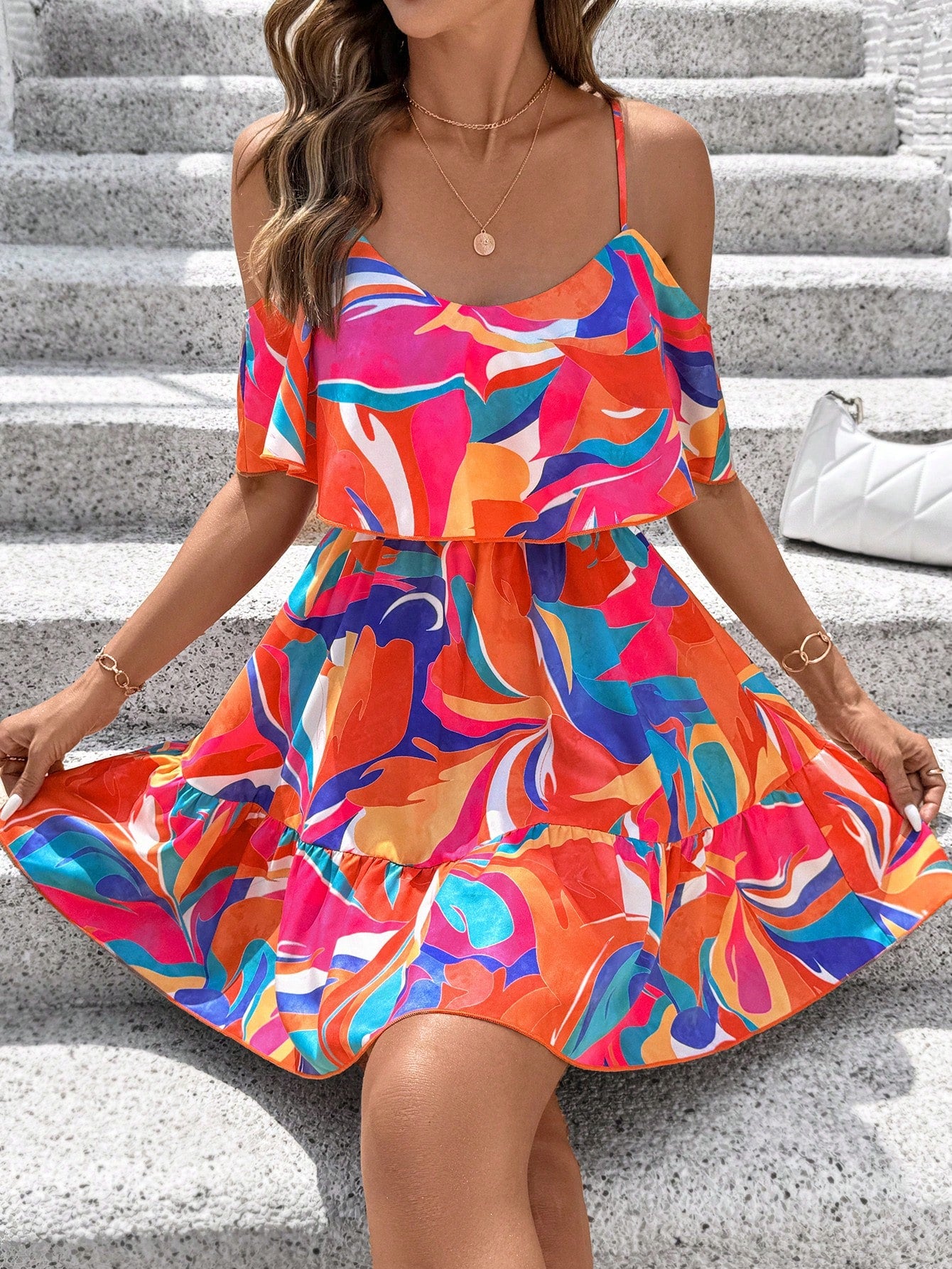 SHEIN Clasi Romantic Flower And Plant Printed Off-The-Shoulder Ruffle Strap Vacation Summer Dress Dresses Graduation,Summer Dresses For Women