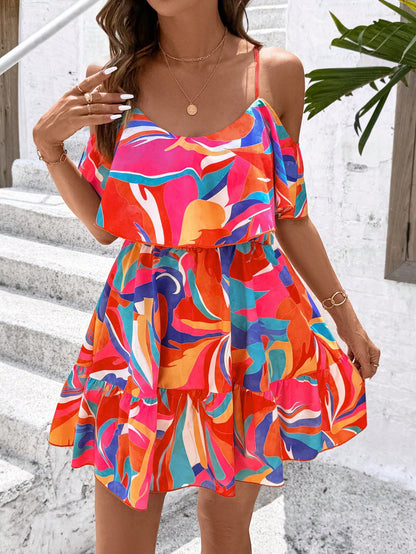 SHEIN Clasi Romantic Flower And Plant Printed Off-The-Shoulder Ruffle Strap Vacation Summer Dress Dresses Graduation,Summer Dresses For Women