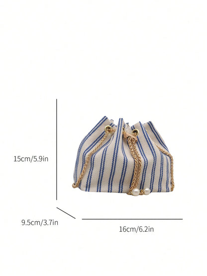 Fashion Solid Color Hollow Out Woven Chain Drawstring Mini Crossbody Bucket Bag