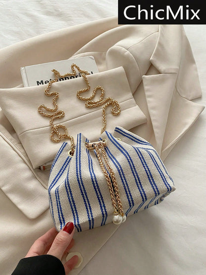Fashion Solid Color Hollow Out Woven Chain Drawstring Mini Crossbody Bucket Bag