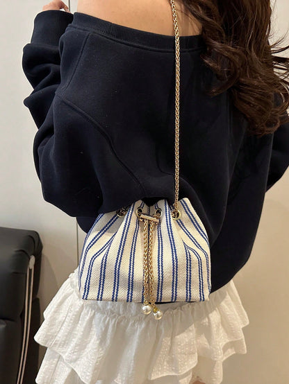 Fashion Solid Color Hollow Out Woven Chain Drawstring Mini Crossbody Bucket Bag