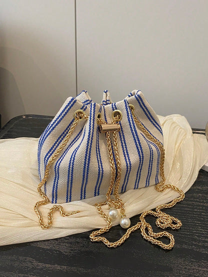 Fashion Solid Color Hollow Out Woven Chain Drawstring Mini Crossbody Bucket Bag