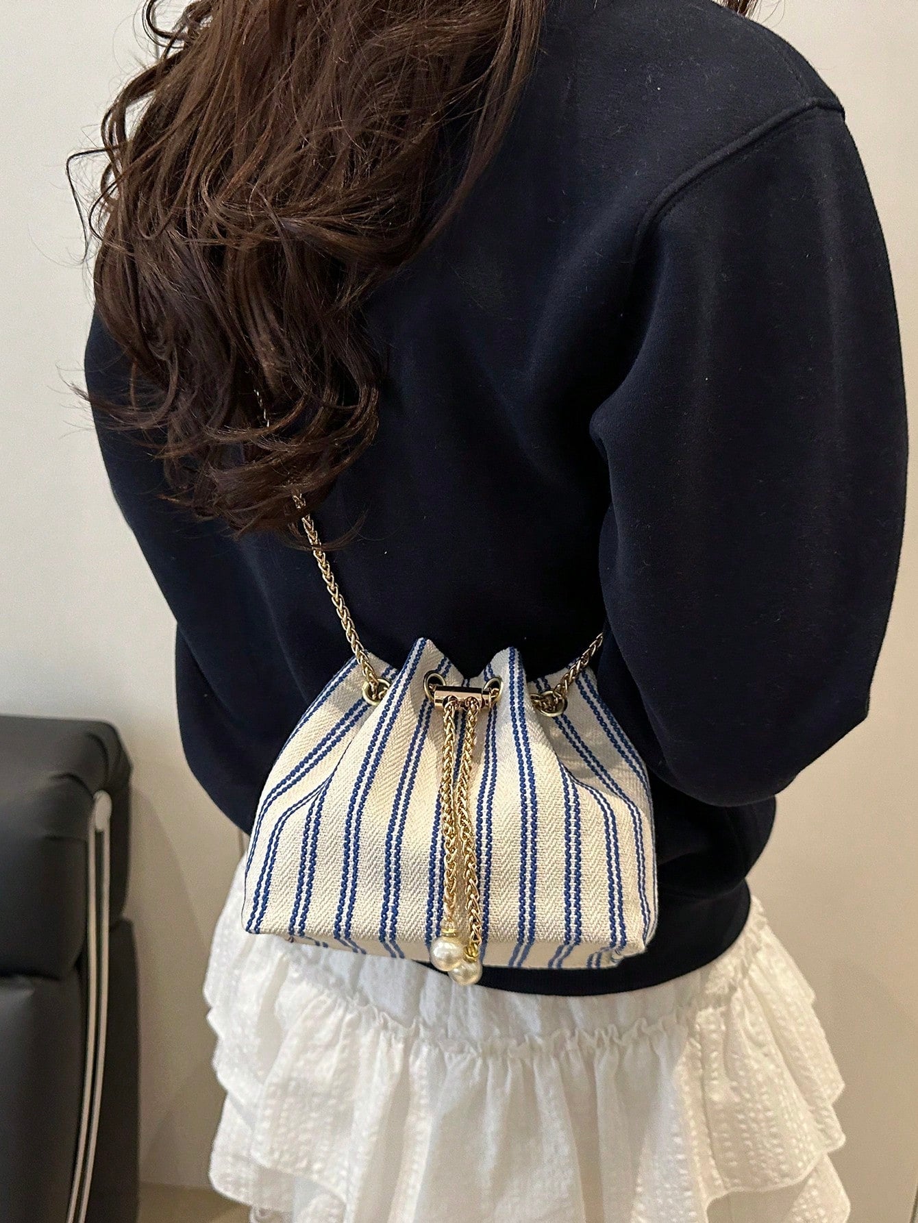 Fashion Solid Color Hollow Out Woven Chain Drawstring Mini Crossbody Bucket Bag