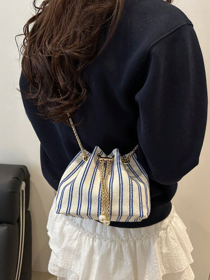Fashion Solid Color Hollow Out Woven Chain Drawstring Mini Crossbody Bucket Bag