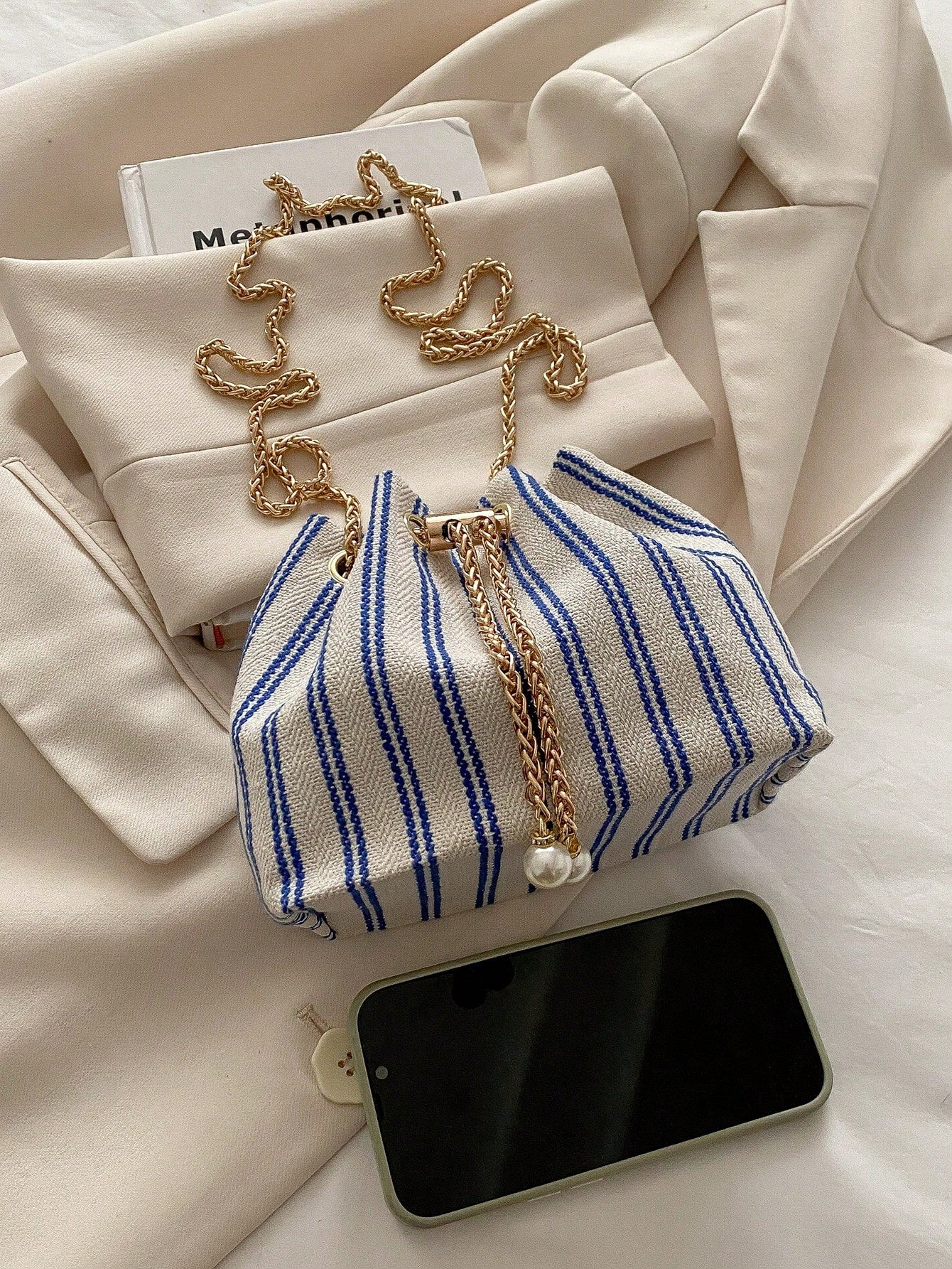 Fashion Solid Color Hollow Out Woven Chain Drawstring Mini Crossbody Bucket Bag