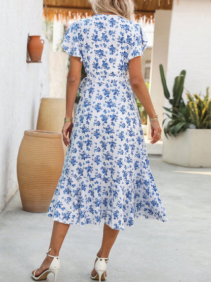 EMERY ROSE Floral Print Butterfly Sleeve Knot Side Dress Burgundy Maxi Women Outfit