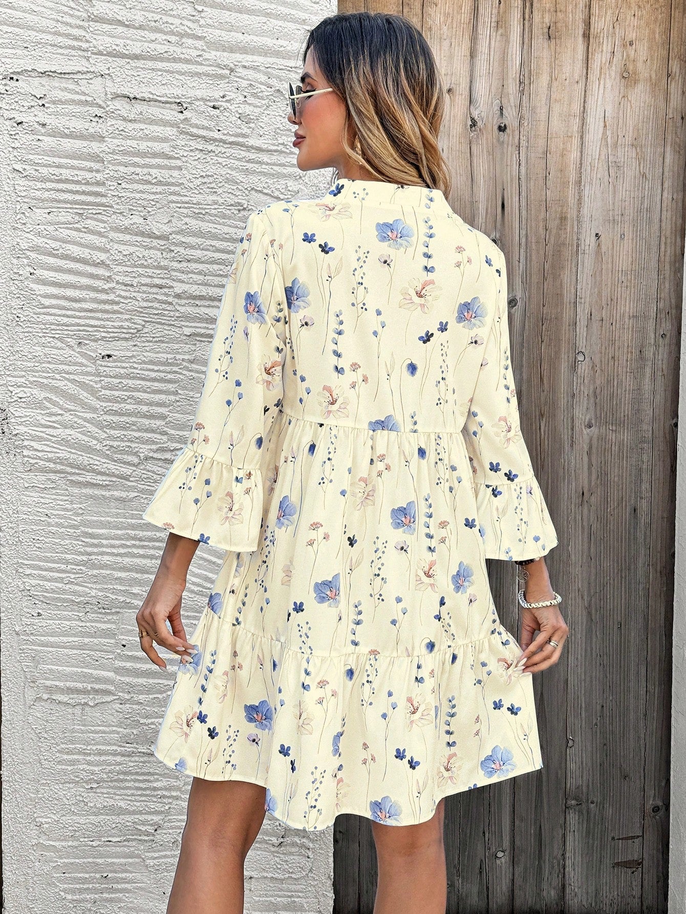 EMERY ROSE Women's Floral Print Cutout V-Neck Ruffled Hem Long Sleeve Mini Dress,Summer Dresses For Women