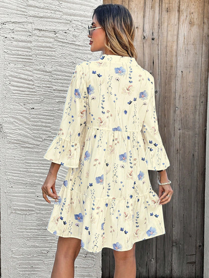 EMERY ROSE Women's Floral Print Cutout V-Neck Ruffled Hem Long Sleeve Mini Dress,Summer Dresses For Women