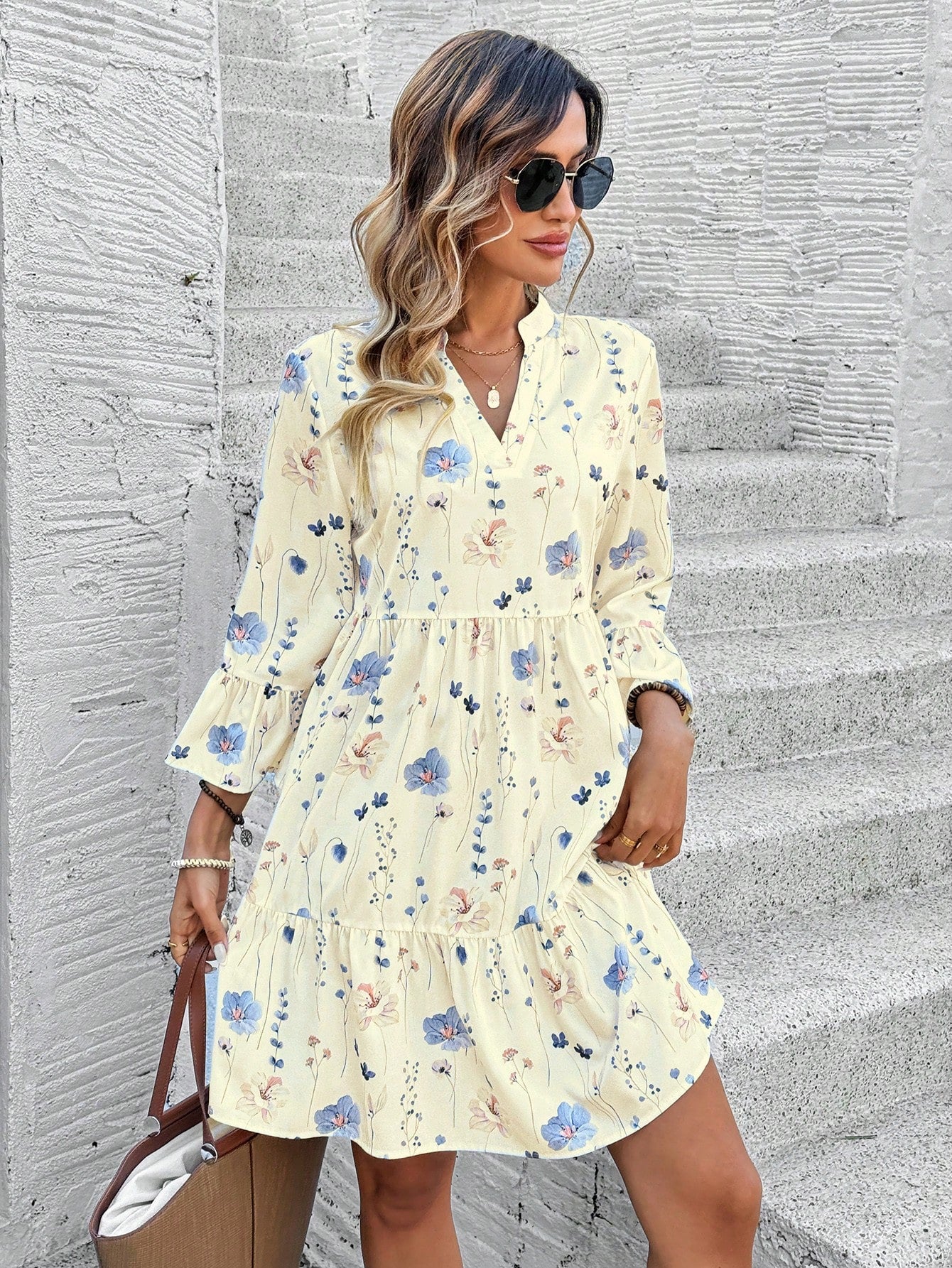 EMERY ROSE Women's Floral Print Cutout V-Neck Ruffled Hem Long Sleeve Mini Dress,Summer Dresses For Women