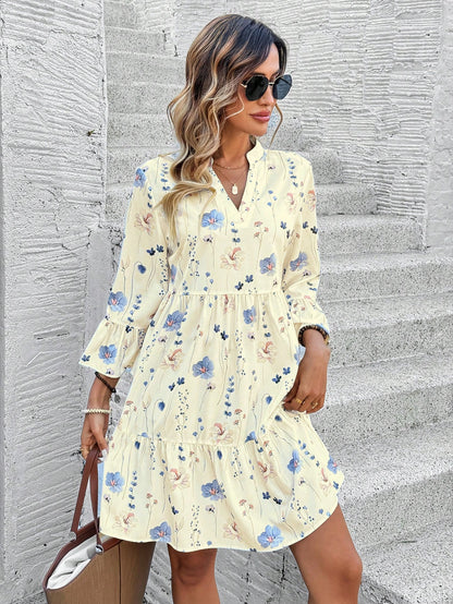 EMERY ROSE Women's Floral Print Cutout V-Neck Ruffled Hem Long Sleeve Mini Dress,Summer Dresses For Women