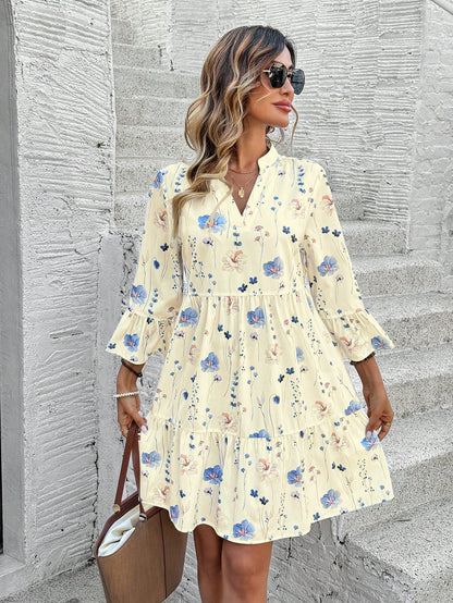 EMERY ROSE Women's Floral Print Cutout V-Neck Ruffled Hem Long Sleeve Mini Dress,Summer Dresses For Women