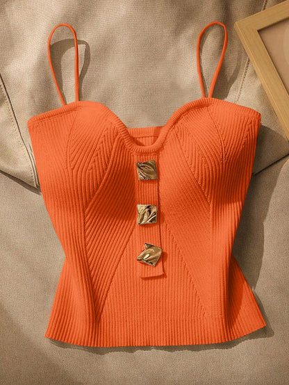 Women Metallic Decor Form-Fitting Camisole Knit Top
