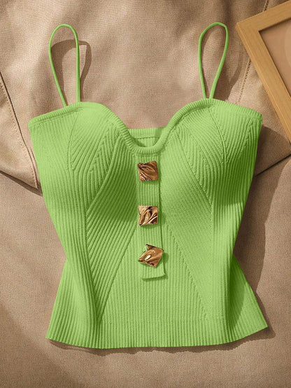 Women Metallic Decor Form-Fitting Camisole Knit Top