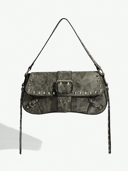 SHEIN X Lucía Bellido SHEIN SXY Fashionable Black Stud Shoulder Bag For Women, Versatile, Shopping Bag, Cool, Street Bag, Teenagers