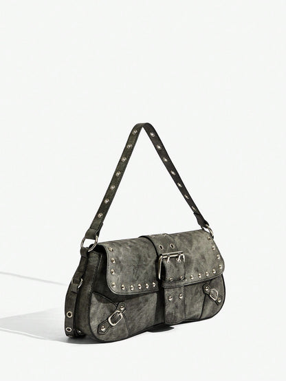 SHEIN X Lucía Bellido SHEIN SXY Fashionable Black Stud Shoulder Bag For Women, Versatile, Shopping Bag, Cool, Street Bag, Teenagers