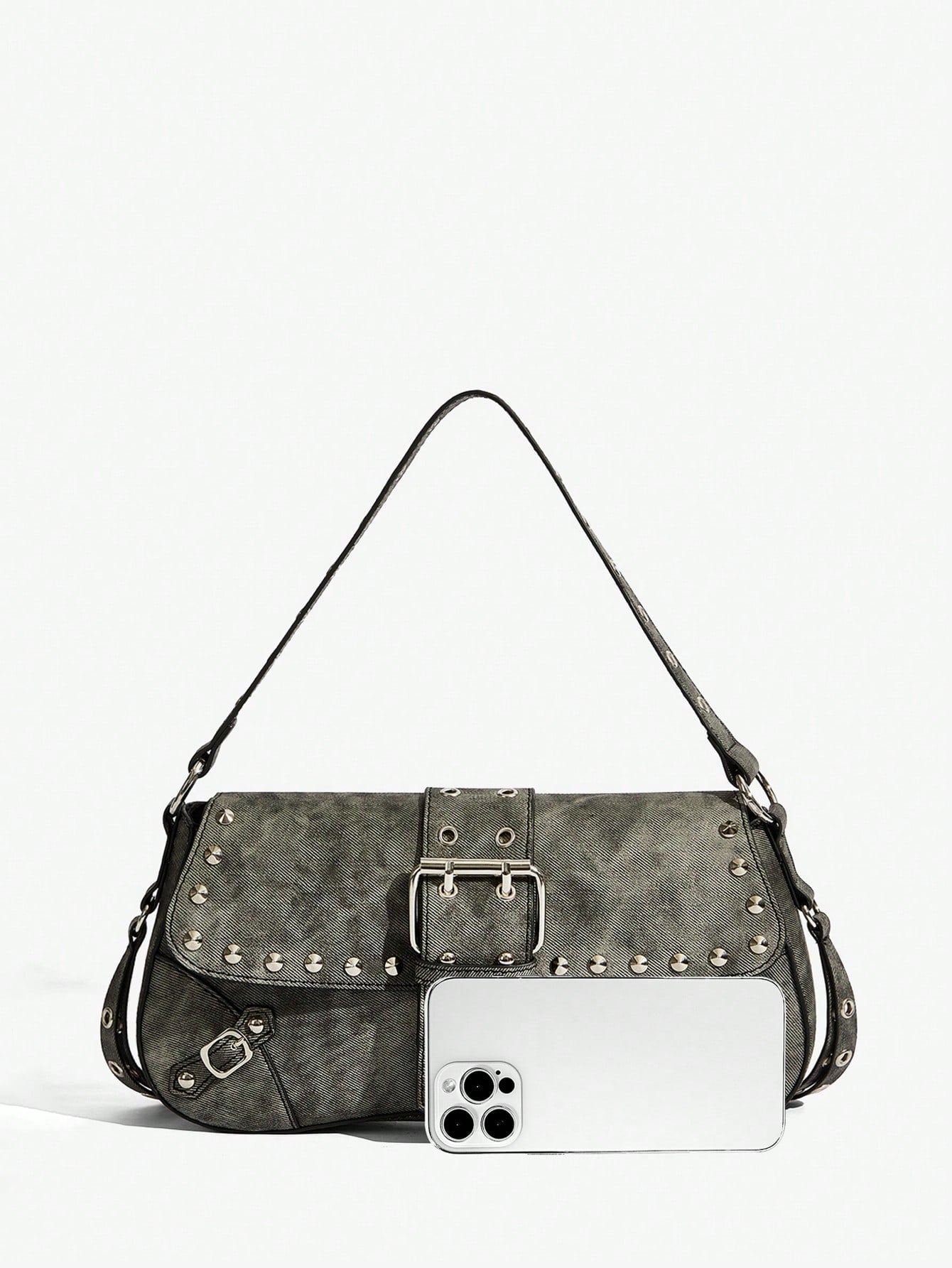 SHEIN X Lucía Bellido SHEIN SXY Fashionable Black Stud Shoulder Bag For Women, Versatile, Shopping Bag, Cool, Street Bag, Teenagers