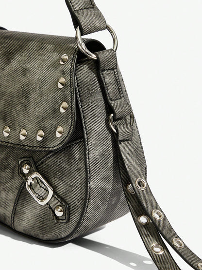 SHEIN X Lucía Bellido SHEIN SXY Fashionable Black Stud Shoulder Bag For Women, Versatile, Shopping Bag, Cool, Street Bag, Teenagers