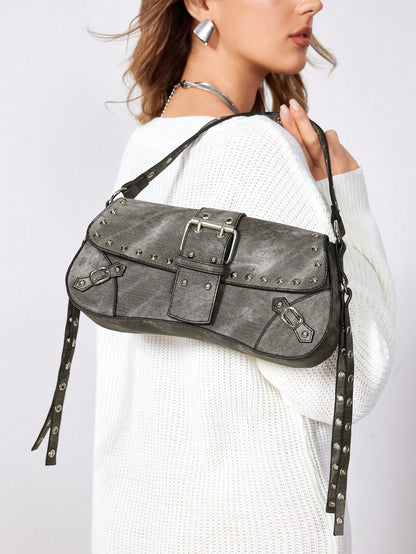 SHEIN X Lucía Bellido SHEIN SXY Fashionable Black Stud Shoulder Bag For Women, Versatile, Shopping Bag, Cool, Street Bag, Teenagers