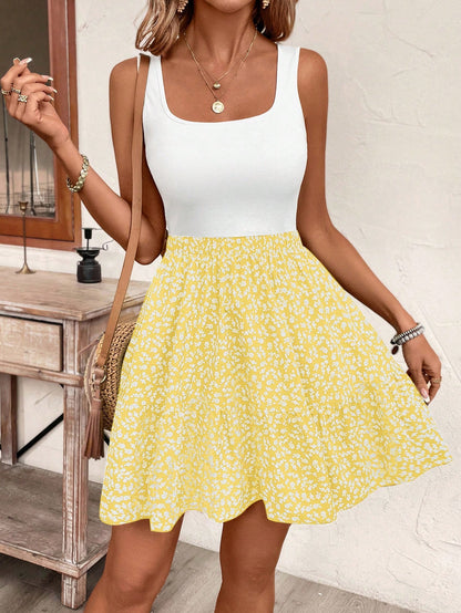 SHEIN Frenchy Summer Vacation Ladies' Floral Pattern Sleeveless A Line Waist-Cinching Dress