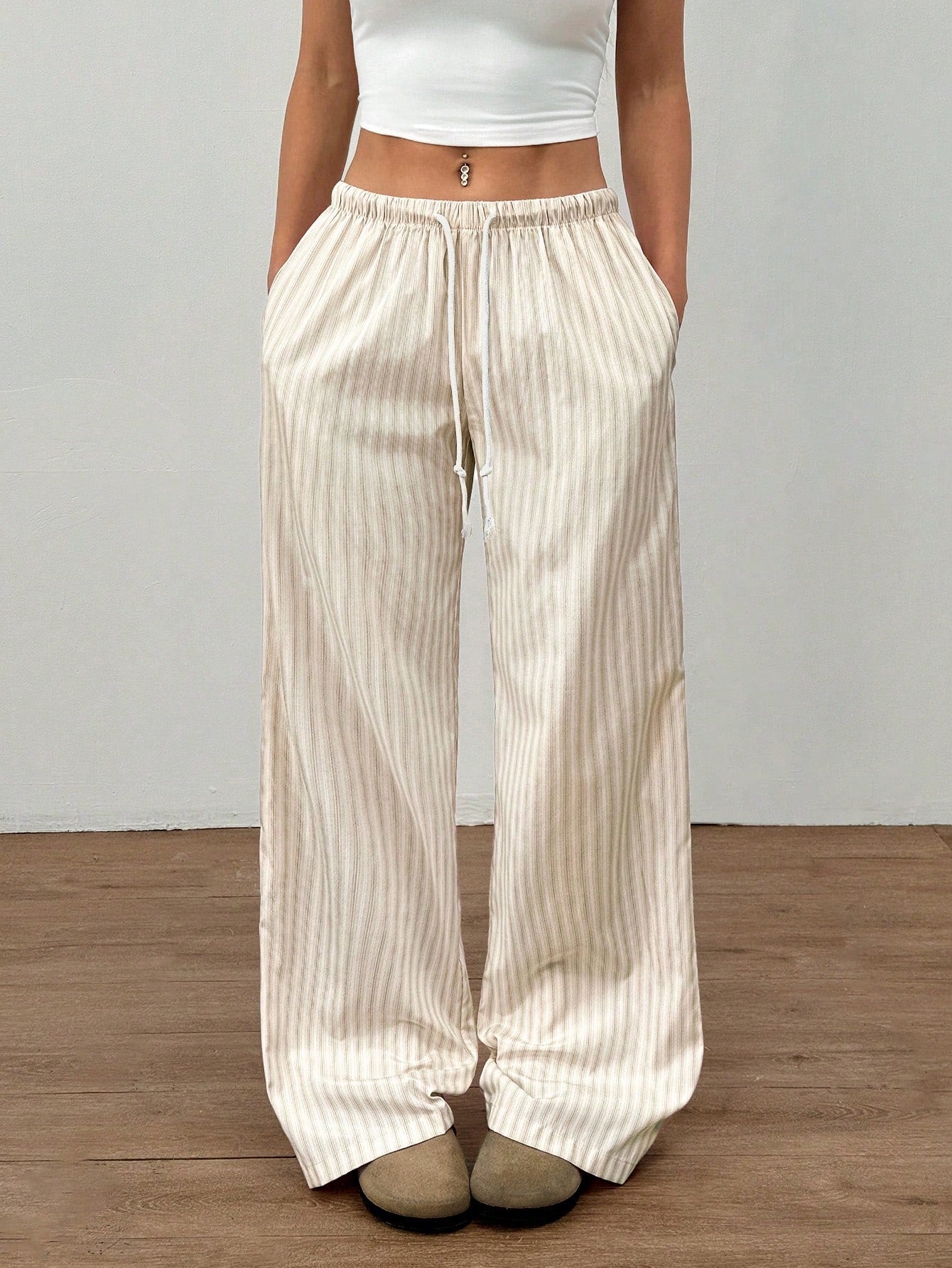 Flirla Pink Cotton Drawstring Waist Straight Leg Pants, Fashion Casual Home Wear For Women, Spring Fall Cloth For Women