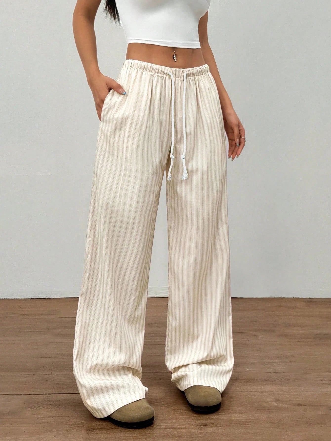 Flirla Pink Cotton Drawstring Waist Straight Leg Pants, Fashion Casual Home Wear For Women, Spring Fall Cloth For Women