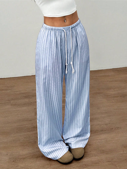 Flirla Pink Cotton Drawstring Waist Straight Leg Pants, Fashion Casual Home Wear For Women, Spring Fall Cloth For Women