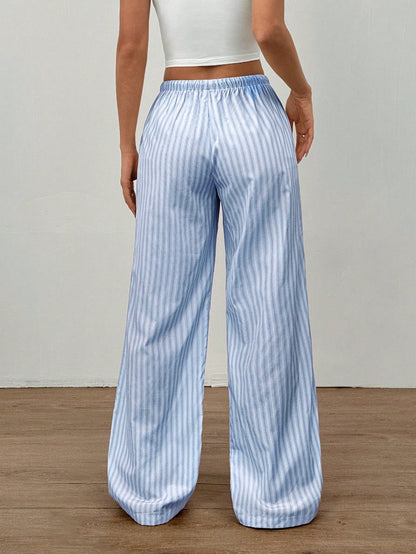 Flirla Pink Cotton Drawstring Waist Straight Leg Pants, Fashion Casual Home Wear For Women, Spring Fall Cloth For Women