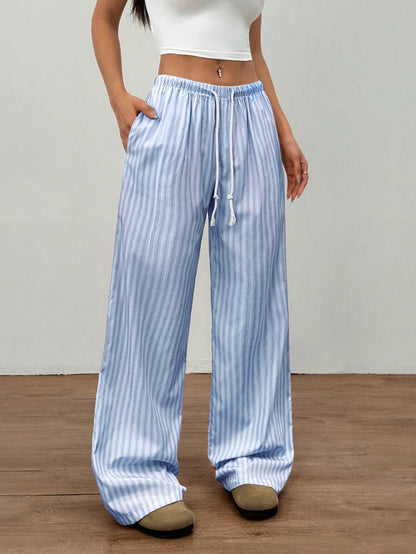 Flirla Pink Cotton Drawstring Waist Straight Leg Pants, Fashion Casual Home Wear For Women, Spring Fall Cloth For Women