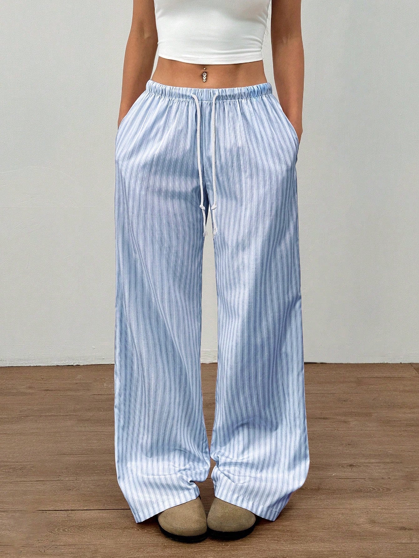 Flirla Pink Cotton Drawstring Waist Straight Leg Pants, Fashion Casual Home Wear For Women, Spring Fall Cloth For Women