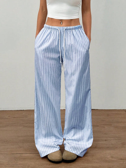 Flirla Pink Cotton Drawstring Waist Straight Leg Pants, Fashion Casual Home Wear For Women, Spring Fall Cloth For Women