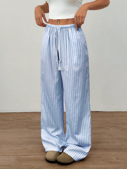 Flirla Pink Cotton Drawstring Waist Straight Leg Pants, Fashion Casual Home Wear For Women, Spring Fall Cloth For Women