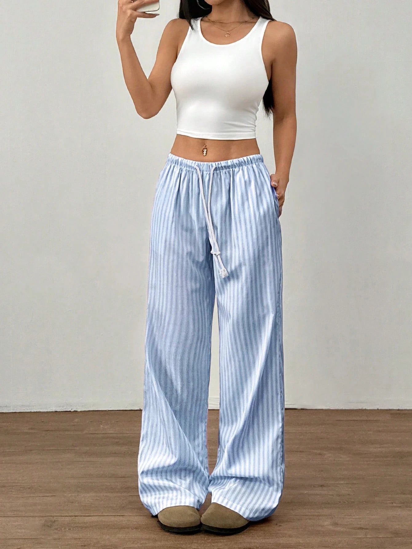 Flirla Pink Cotton Drawstring Waist Straight Leg Pants, Fashion Casual Home Wear For Women, Spring Fall Cloth For Women