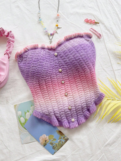 Soleia Women's Button Decor Fashion Casual Ruffle Hem Knitted Camisole Top,Going Out Top