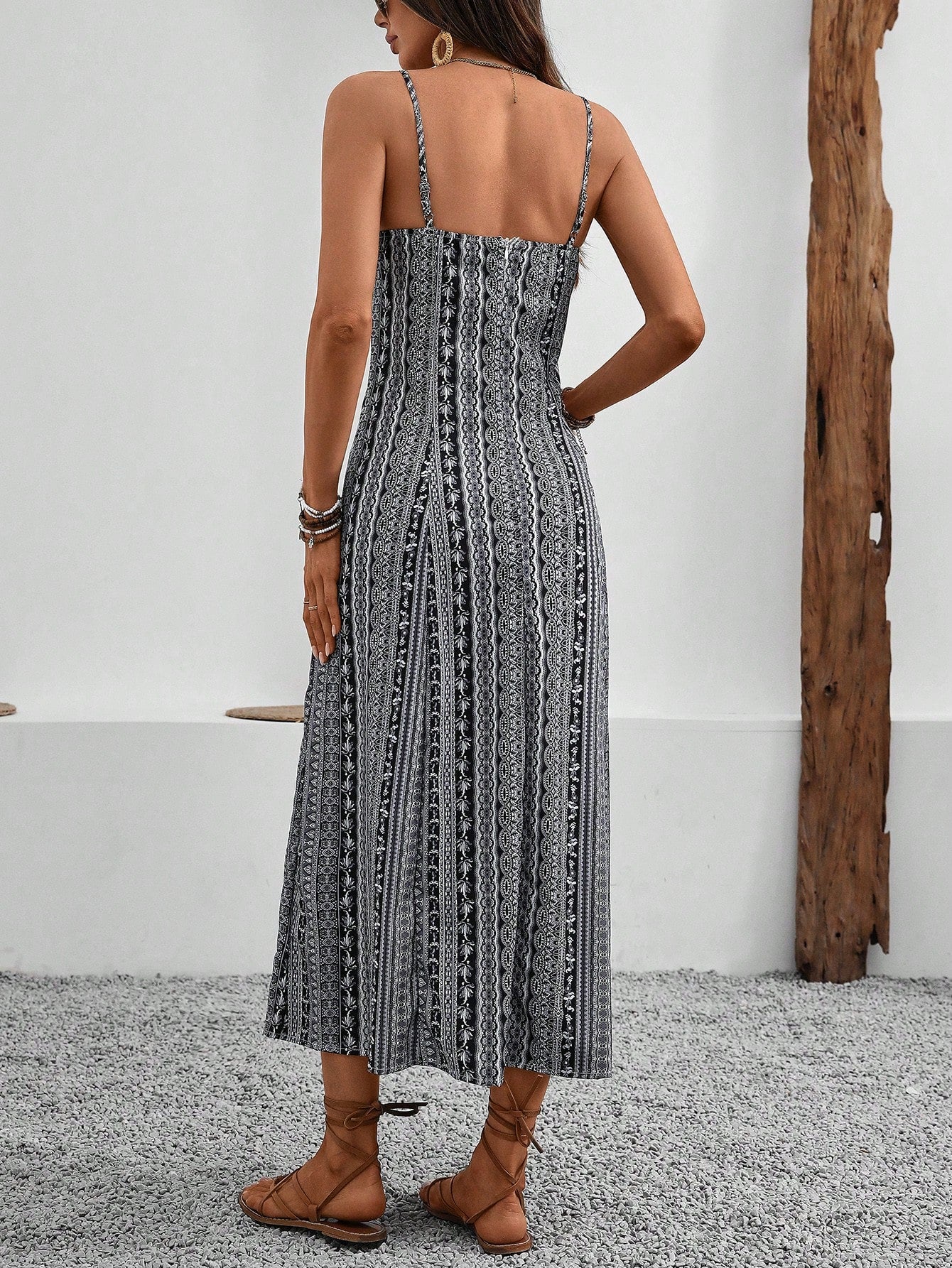 Breezaya Vintage Style Women's Printed Spaghetti Strap Dress With High Side Slit Maxi Vacation Beach Outfit