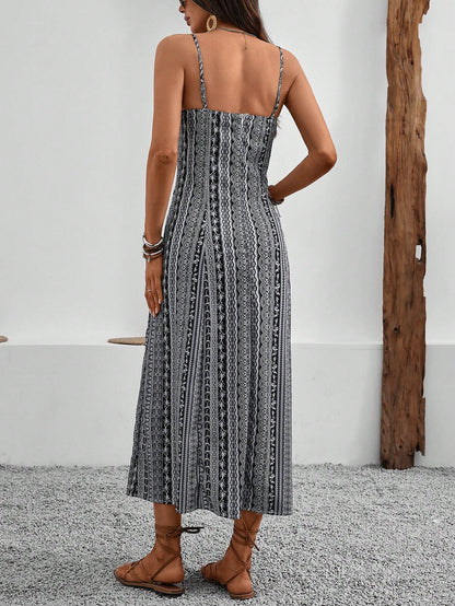 Breezaya Vintage Style Women's Printed Spaghetti Strap Dress With High Side Slit Maxi Vacation Beach Outfit