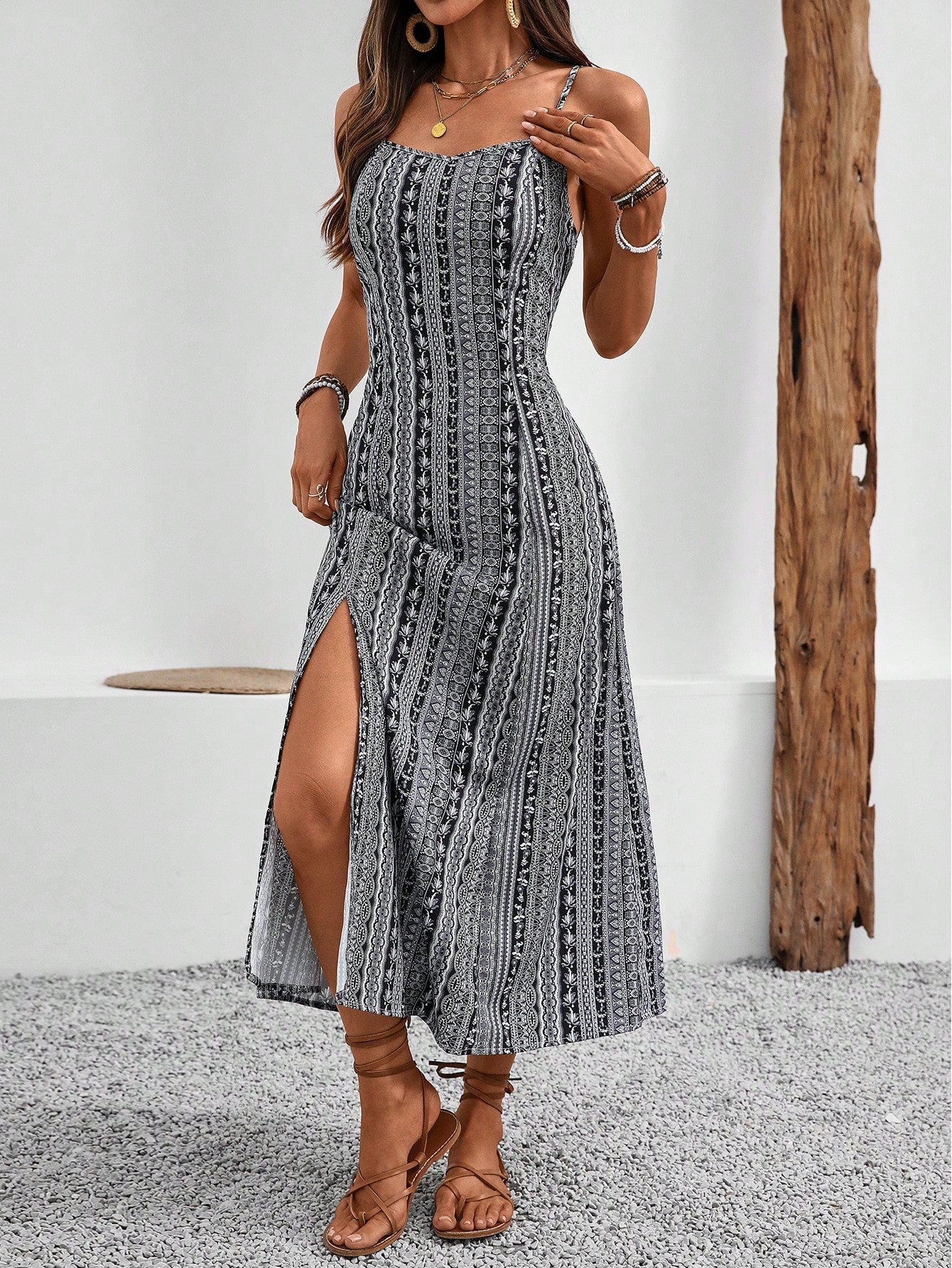 Breezaya Vintage Style Women's Printed Spaghetti Strap Dress With High Side Slit Maxi Vacation Beach Outfit