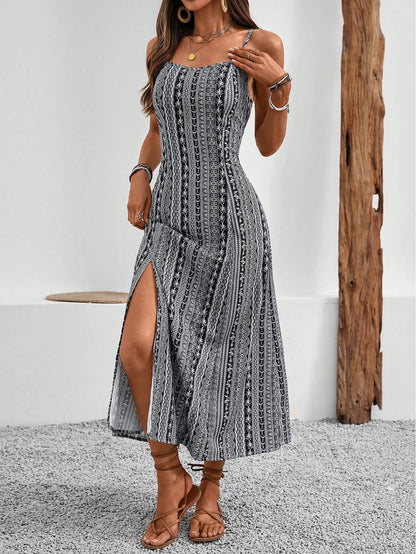 Breezaya Vintage Style Women's Printed Spaghetti Strap Dress With High Side Slit Maxi Vacation Beach Outfit