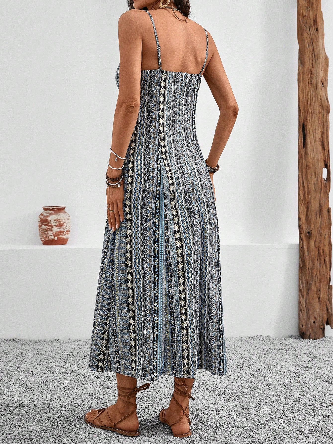 Breezaya Vintage Style Women's Printed Spaghetti Strap Dress With High Side Slit Maxi Vacation Beach Outfit