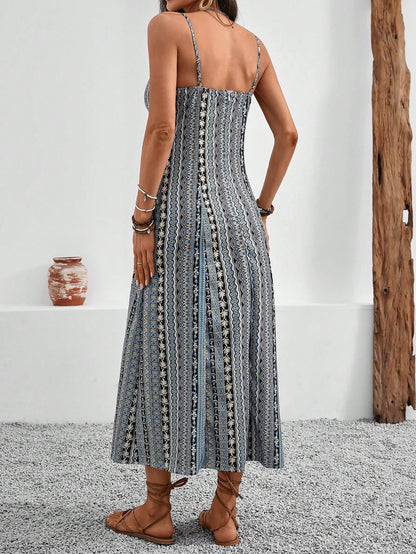 Breezaya Vintage Style Women's Printed Spaghetti Strap Dress With High Side Slit Maxi Vacation Beach Outfit