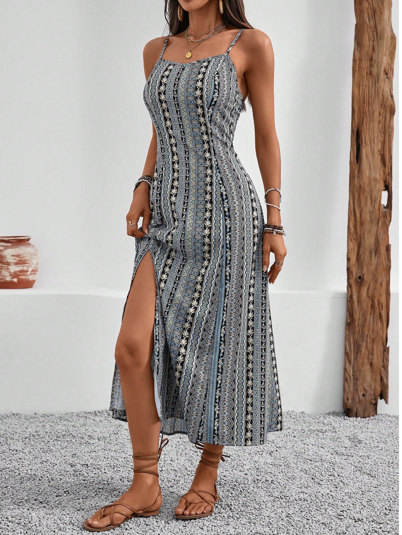 Breezaya Vintage Style Women's Printed Spaghetti Strap Dress With High Side Slit Maxi Vacation Beach Outfit