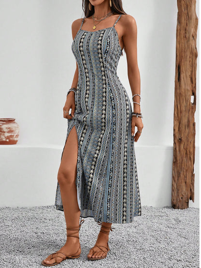 Breezaya Vintage Style Women's Printed Spaghetti Strap Dress With High Side Slit Maxi Vacation Beach Outfit