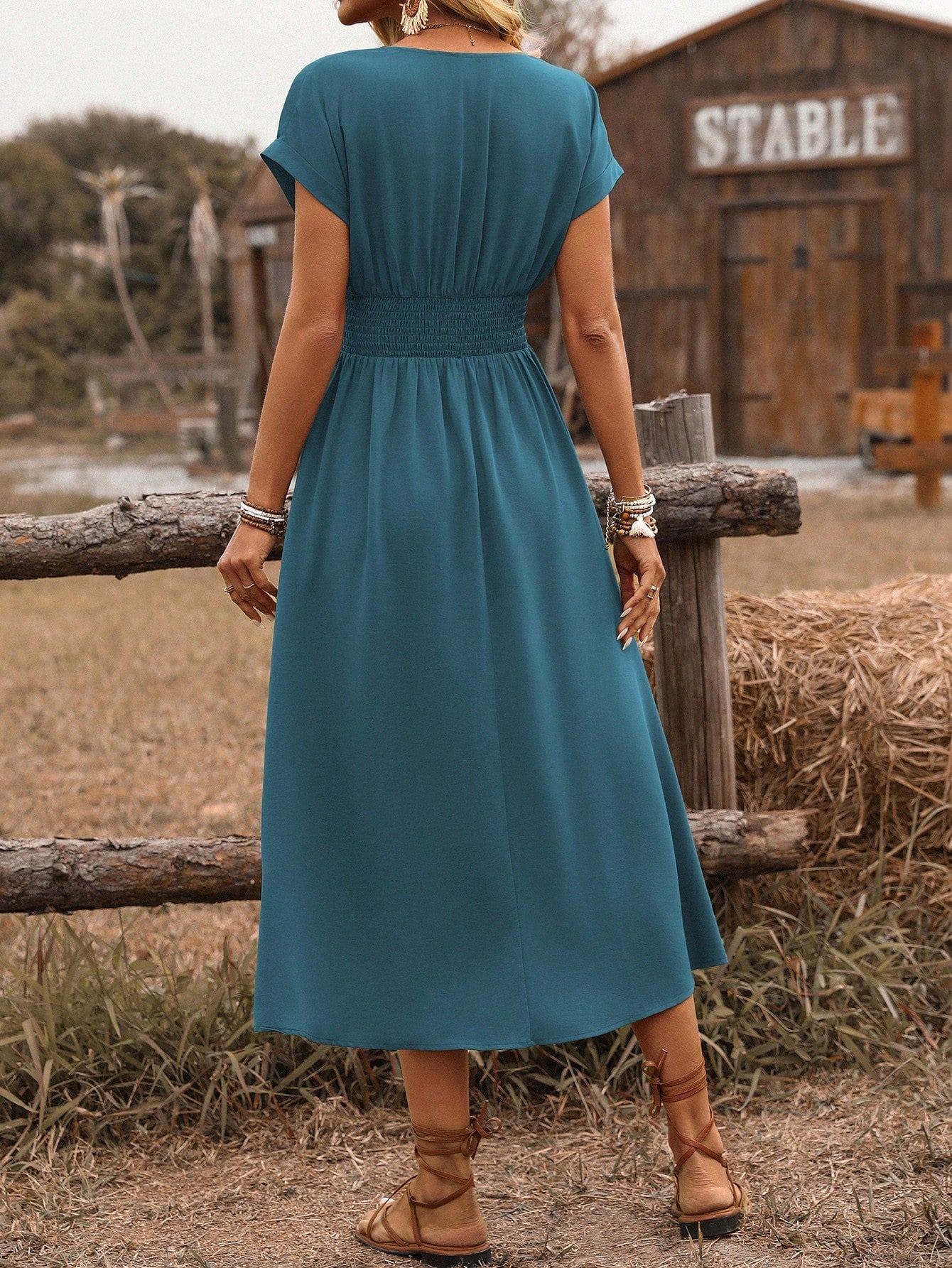 SHEIN Clasi Women's Spring/Summer Western Bohemian Style Casual Shirred Waist Cinched Criss-Cross Twisted Back Dropped Shoulder Flared Sleeve Midi Dress