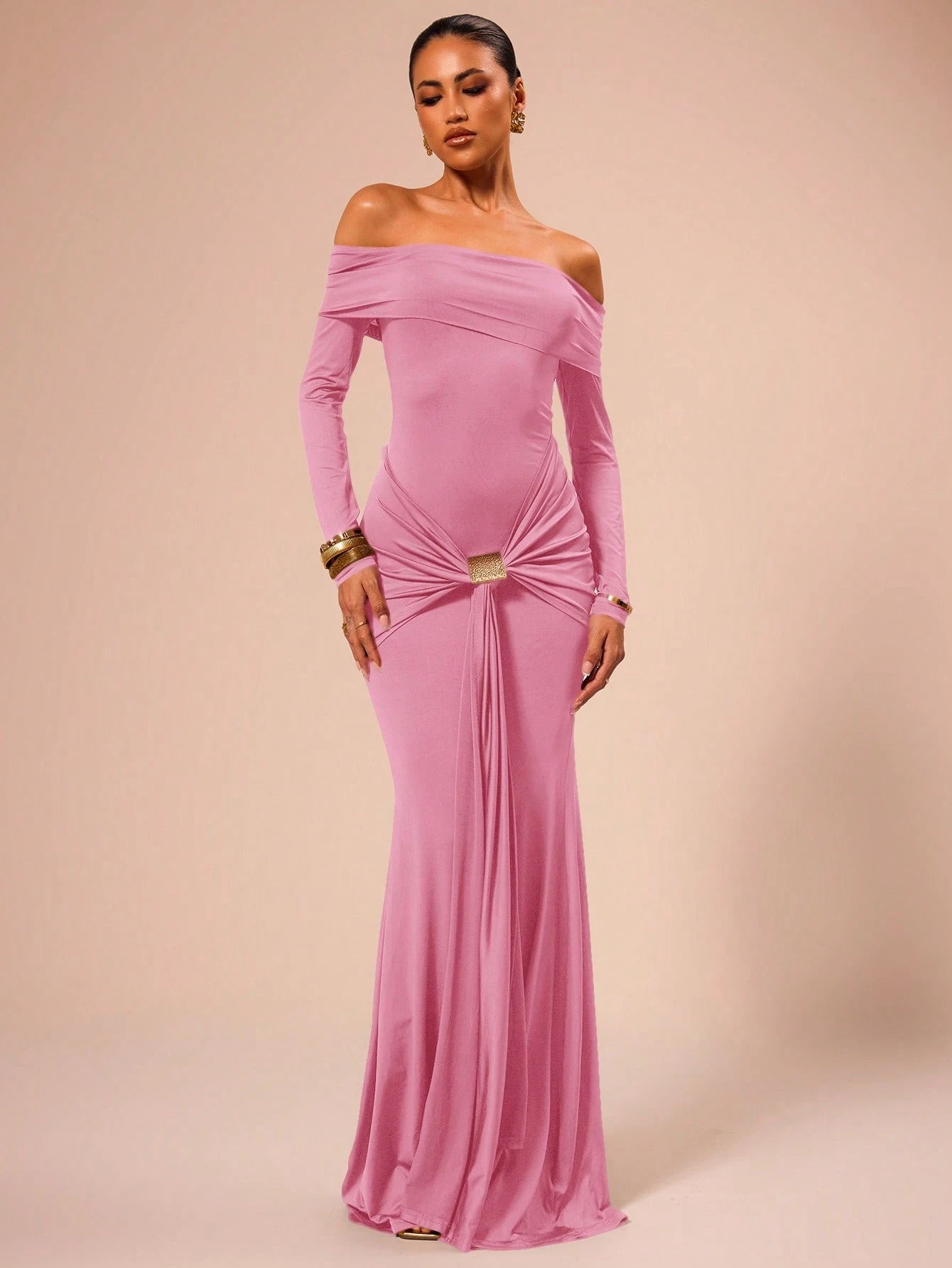 SHEIN X Scheana MUSERA Off Shoulder Long Sleeve Maxi Dress Vacation Summer Spring Romantic Wedding Guest Graduation, Prom Holiday Wedding Guest, Elegant, Birthday, Church, Night Out