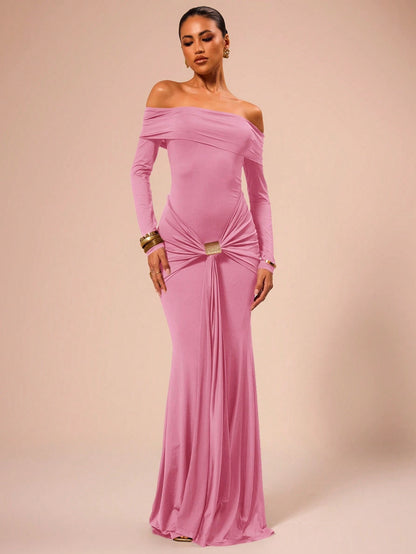 SHEIN X Scheana MUSERA Off Shoulder Long Sleeve Maxi Dress Vacation Summer Spring Romantic Wedding Guest Graduation, Prom Holiday Wedding Guest, Elegant, Birthday, Church, Night Out