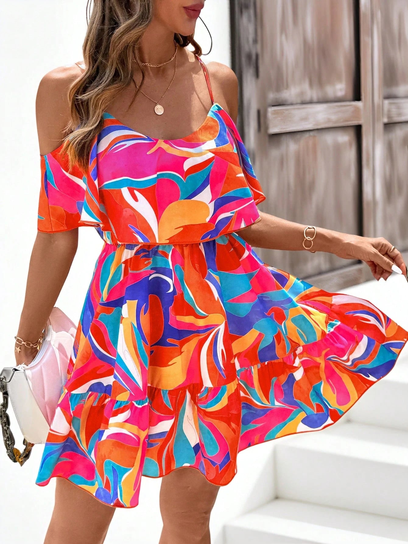 SHEIN Clasi Romantic Flower And Plant Printed Off-The-Shoulder Ruffle Strap Vacation Summer Dress Dresses Graduation,Summer Dresses For Women