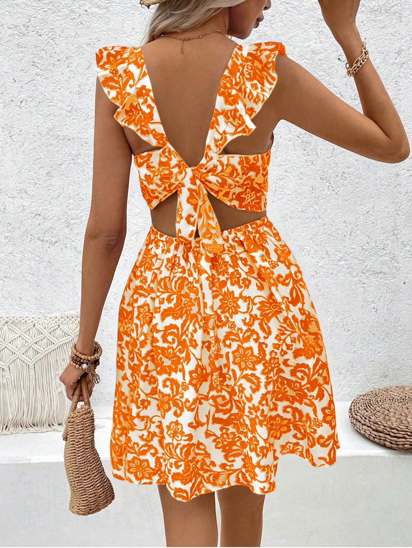 Breezaya Floral Printed Hollow Out Hem Ruffle Trim Decorated Dress Vacation Beach Outfits Women