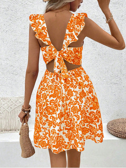 Breezaya Floral Printed Hollow Out Hem Ruffle Trim Decorated Dress Vacation Beach Outfits Women